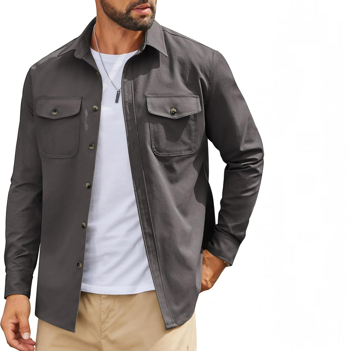 Mens Long Sleeve Button Down Work Shirt, Casual Workwear Shirt with Flap Pockets