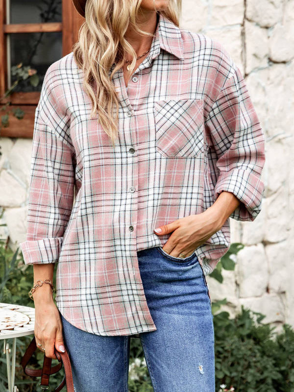 Women's Flannel Plaid Soft Flannel Button Down Shirt, Roll Up Long Sleeve Plaid Blouse