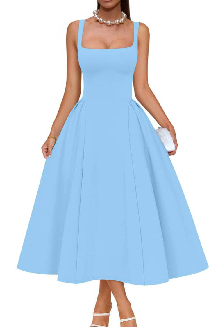 Womens Square Neck A Line Midi Dress, Elegant Wedding Guest and Evening Party Dress