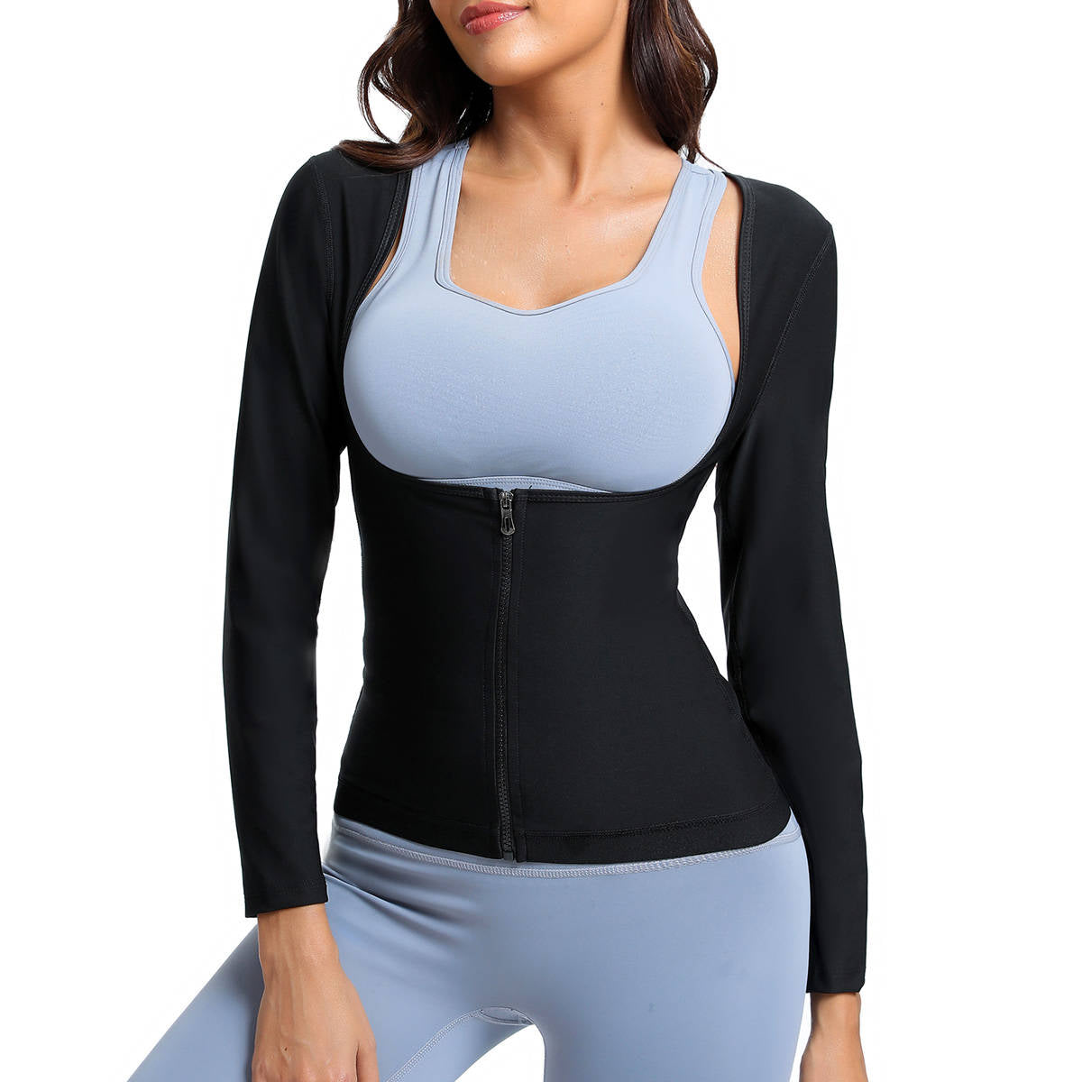 Womens Long Sleeve Sauna Compression Top, Zip Up Open Bust Workout Gym Shirt
