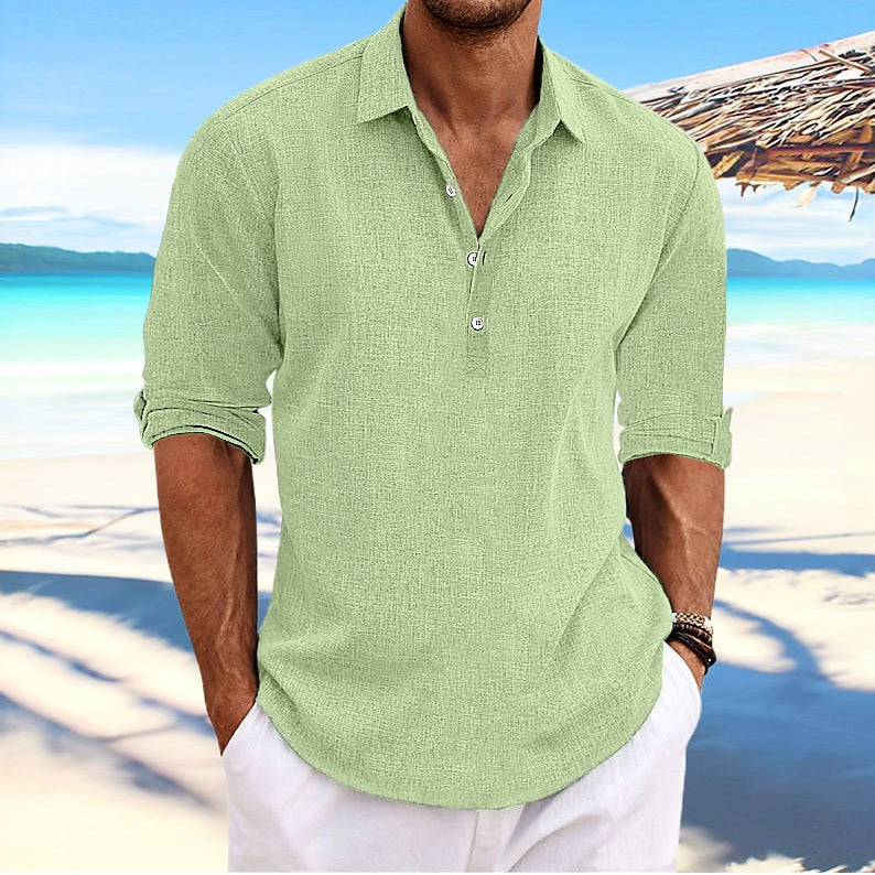 Mens Casual Cotton Shirt, Long Sleeve Pullover Beach Shirt, Lightweight Summer Vacation Style
