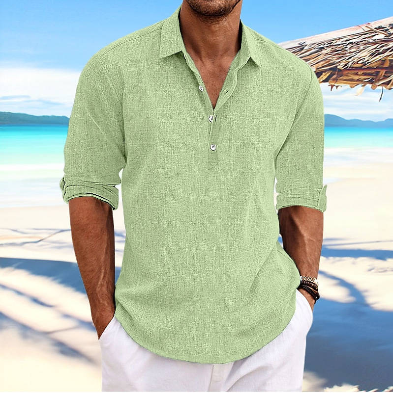 Men's Casual Cotton Shirt, Long Sleeve Pullover Beach Shirt, Lightweight Summer Vacation Style