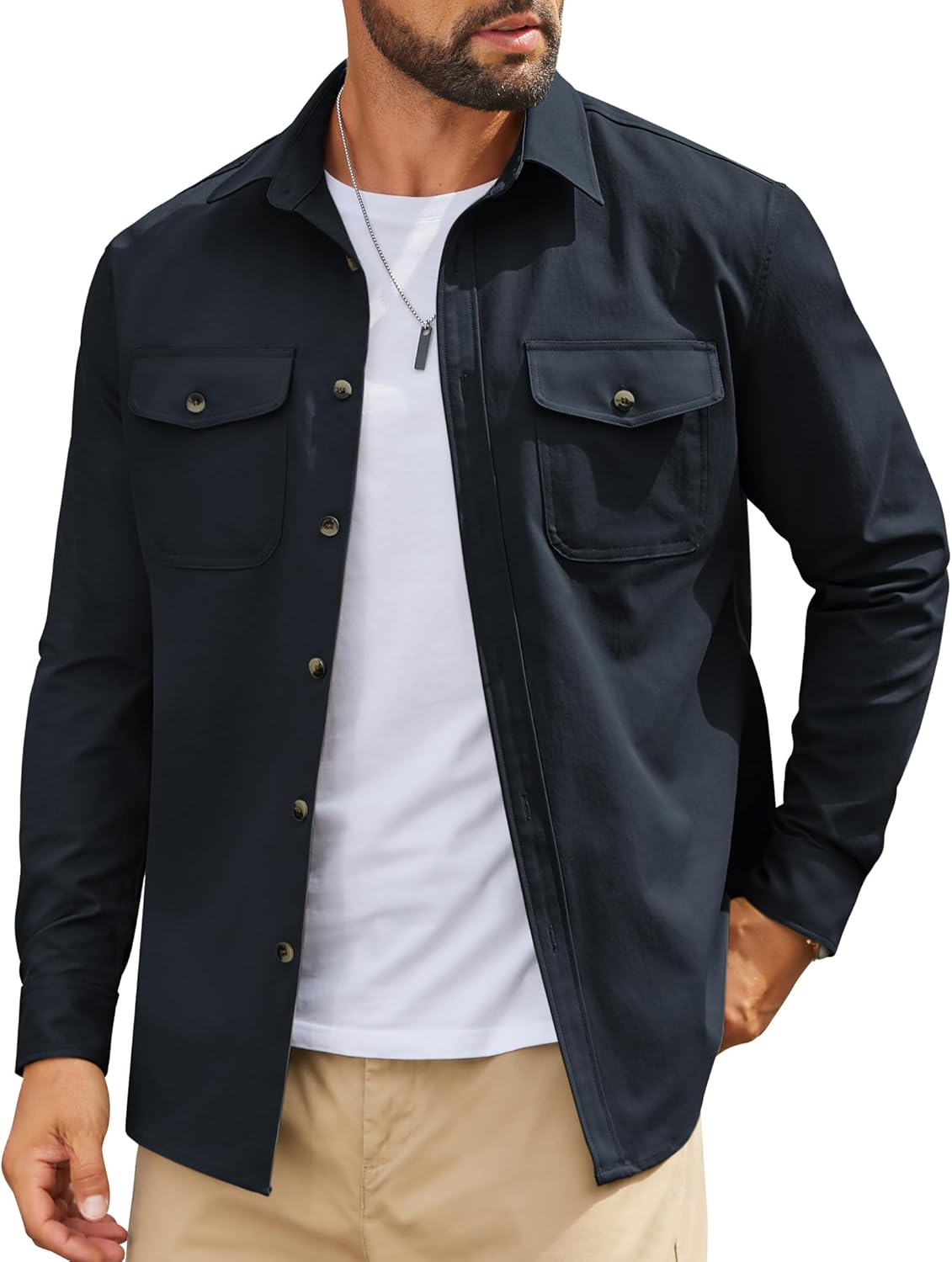 Mens Long Sleeve Button Down Work Shirt, Casual Workwear Shirt with Flap Pockets