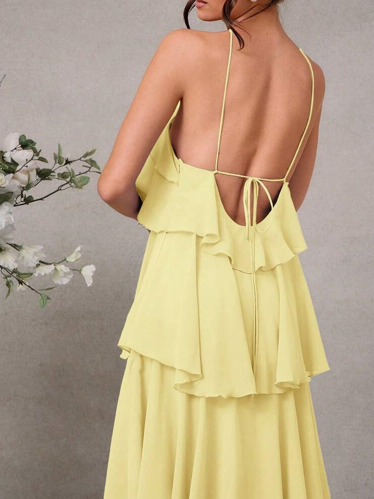 Womens Halter Backless Maxi Dress, Ruffle Layered Wedding Guest and Formal Dress