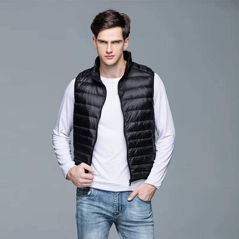 Down Vest with Stand Up Collar and Three Pockets, Water Resistant Shell