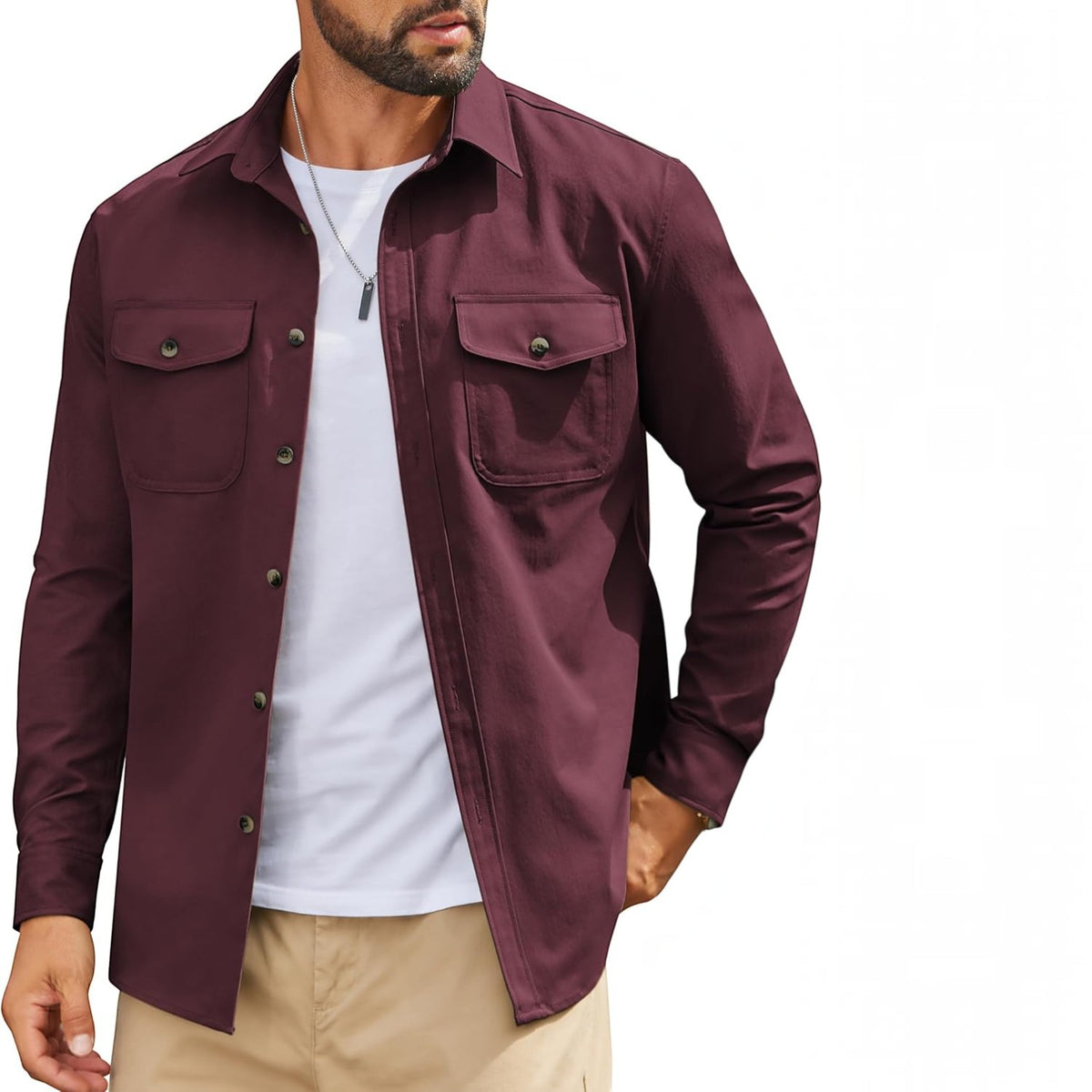 Mens Long Sleeve Button Down Work Shirt, Casual Workwear Shirt with Flap Pockets