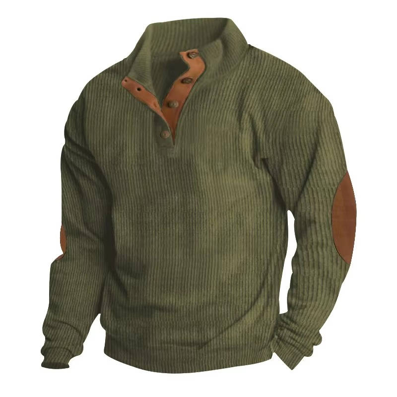 Button Neck Pullover Sweater with Fleece Lining and Elbow Patches, Machine Washable