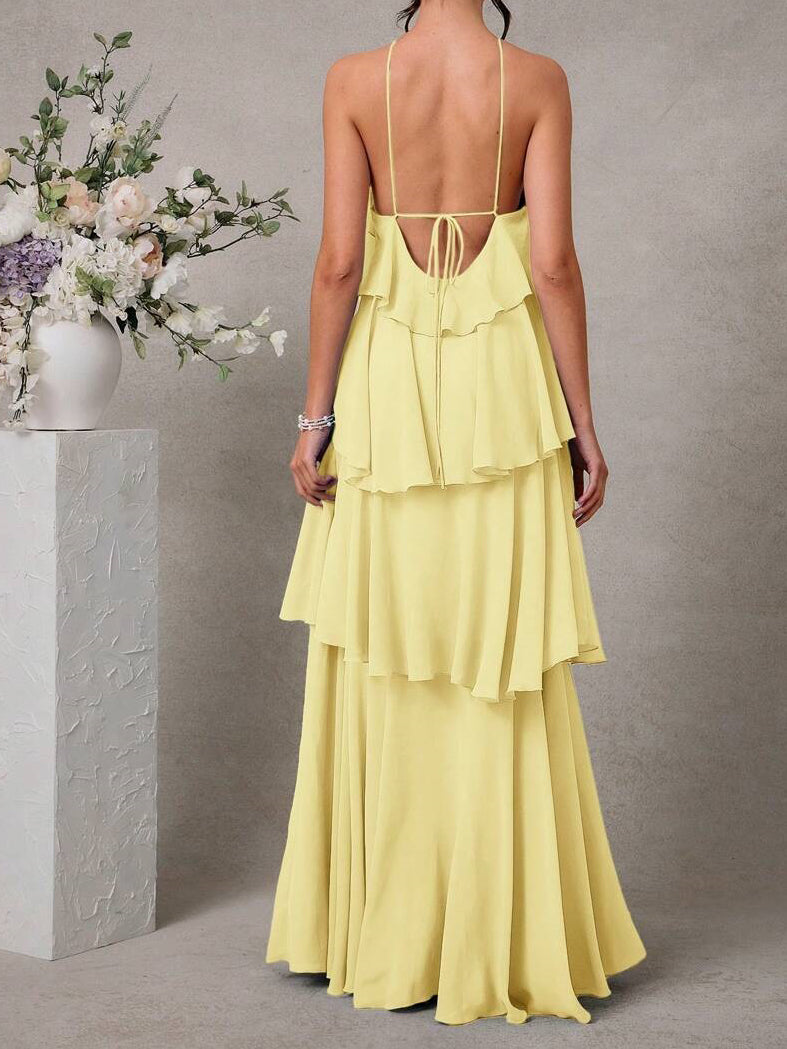 Womens Halter Backless Maxi Dress, Ruffle Layered Wedding Guest and Formal Dress