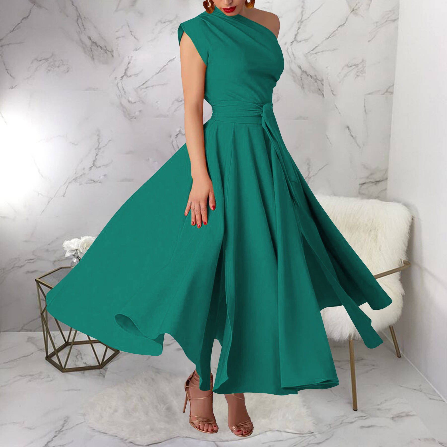 Womens One Shoulder Belted Maxi Dress, Elegant Formal Wedding Guest Dress with Pockets