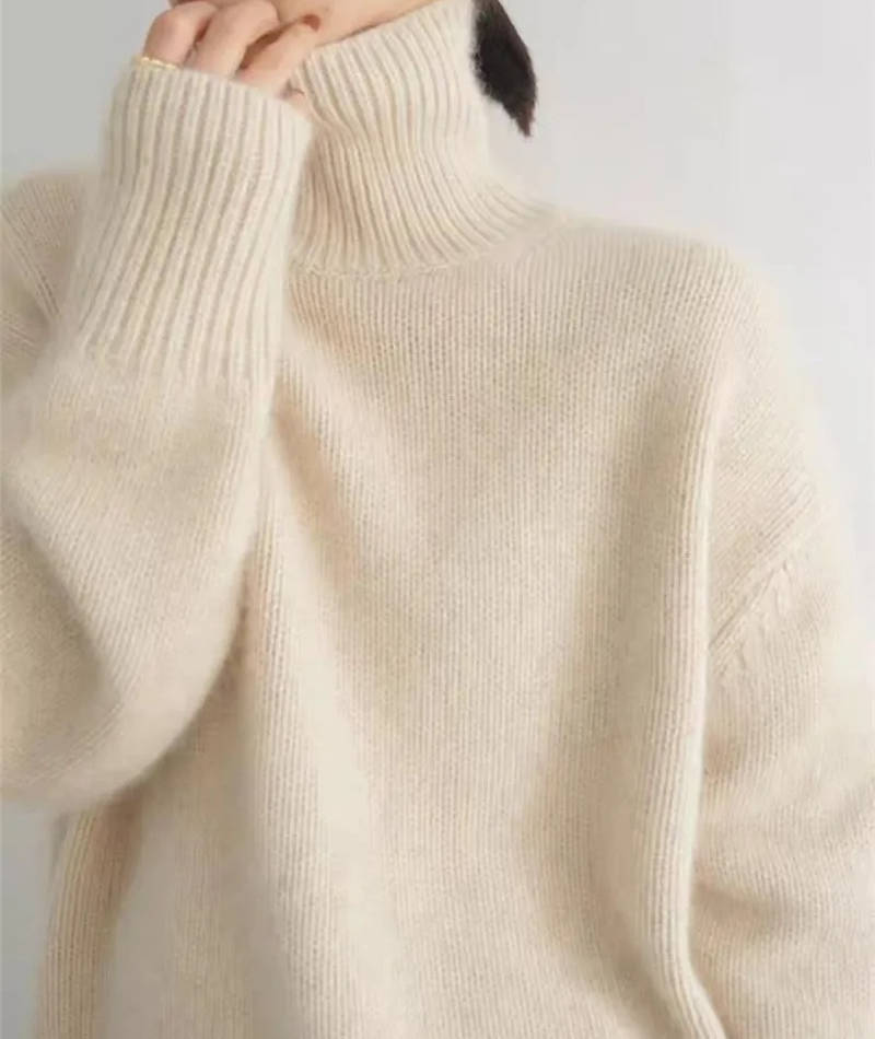 Womens Turtleneck Sweater with Stretch Knit and Natural Fibers, Loose Fit