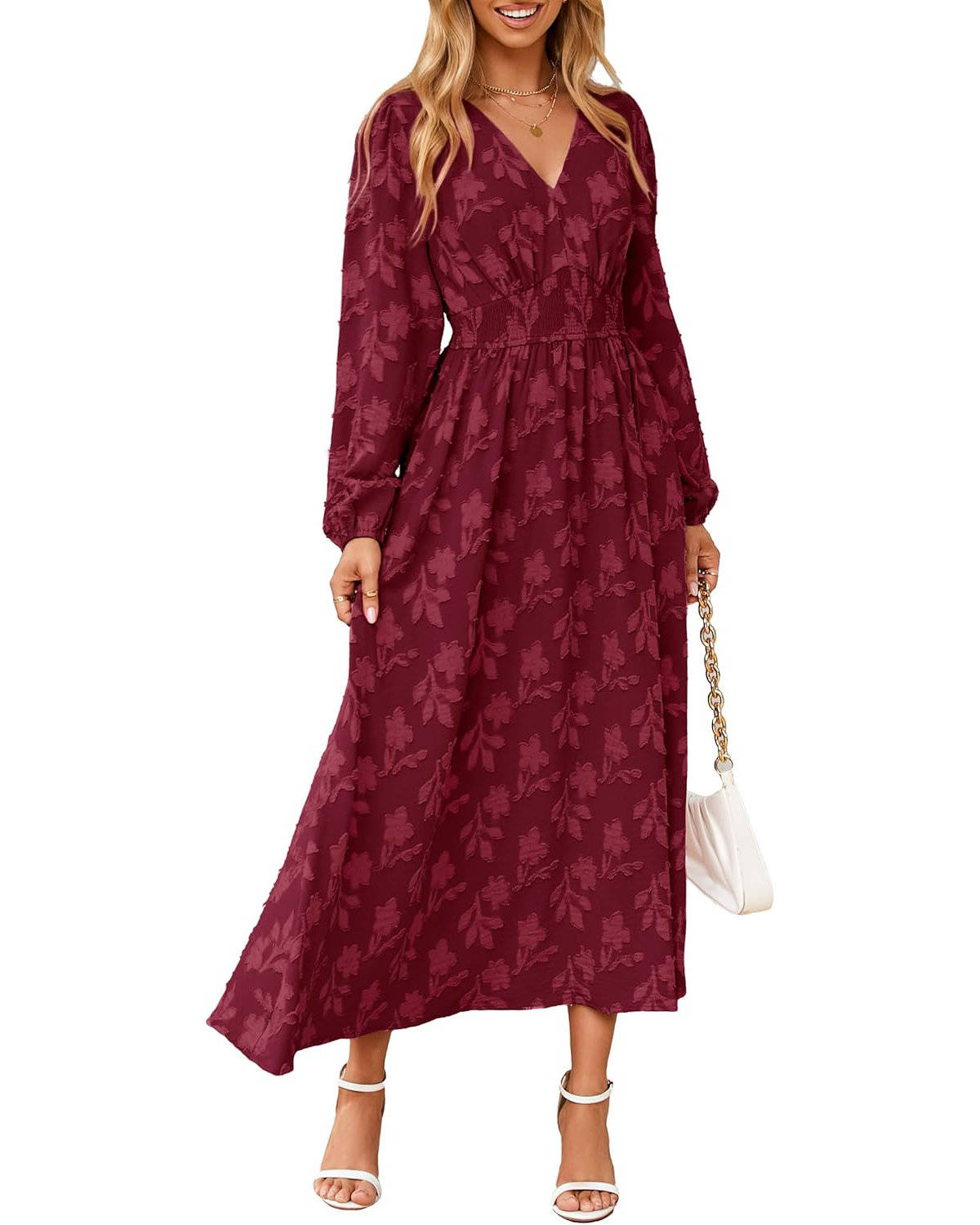 Womens Floral Maxi Dress, Long Sleeve V Neck Empire Waist Boho Fall Wedding Guest Dress with Pockets