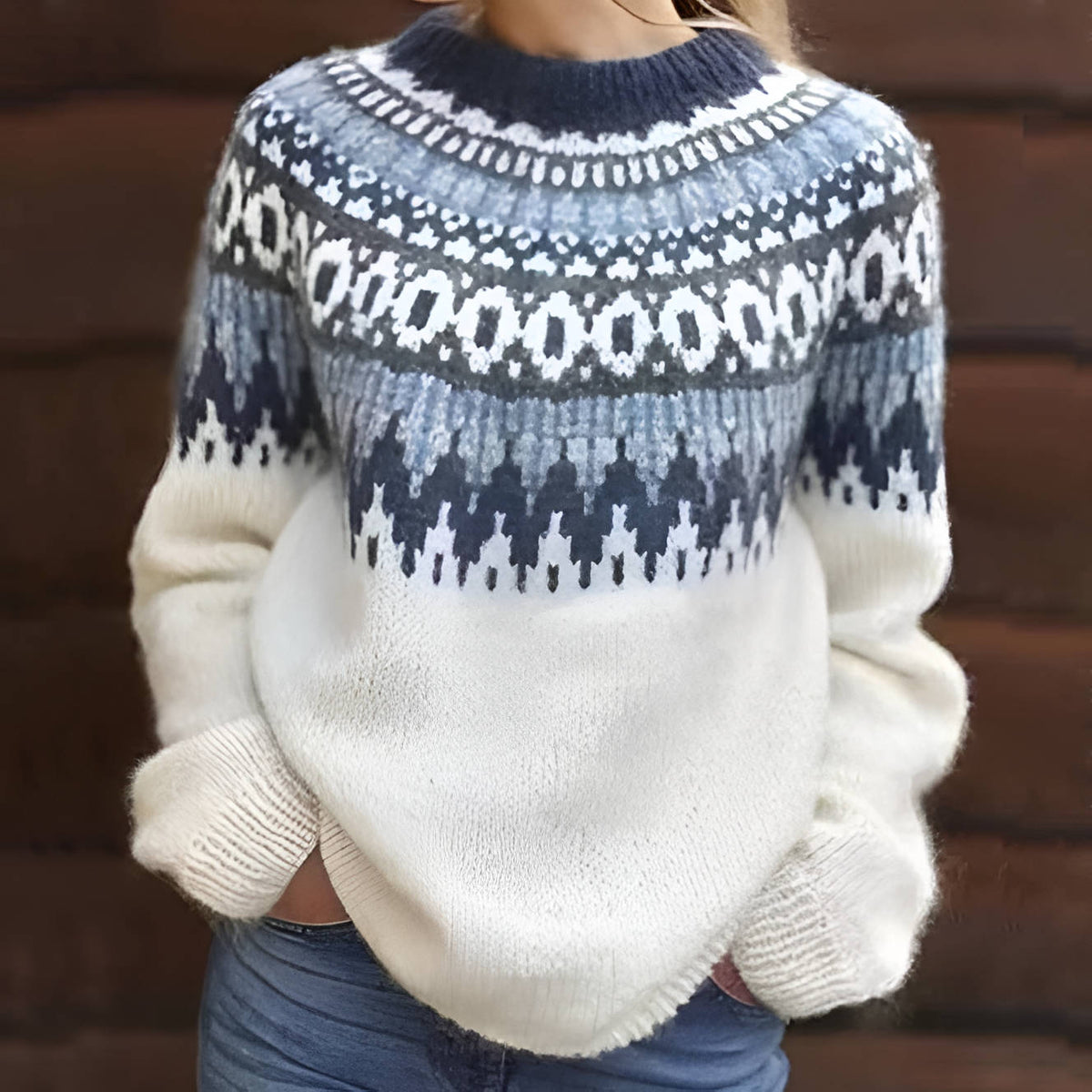 Womens Crewneck Sweater with Geometric Fair Isle Pattern and Ribbed Cuffs, Machine Washable