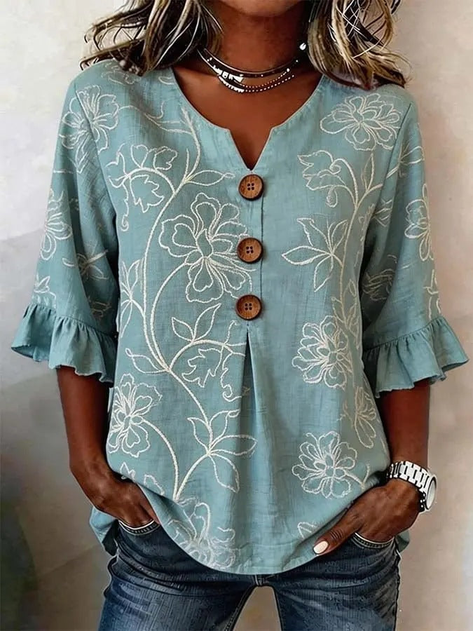 Women's Floral Print Linen Blouse, Vintage V Neck Sleeve Shirt, Casual Ruffle Cuff Button Down Tops
