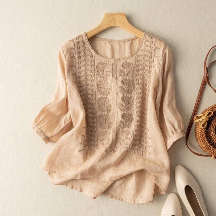 Women's Floral Relaxed Blouse, Elegant Loose Fit Botanical Print Long Sleeve Shirt, Chic Lightweight Breathable V Neck Casual Boho Tunic Top