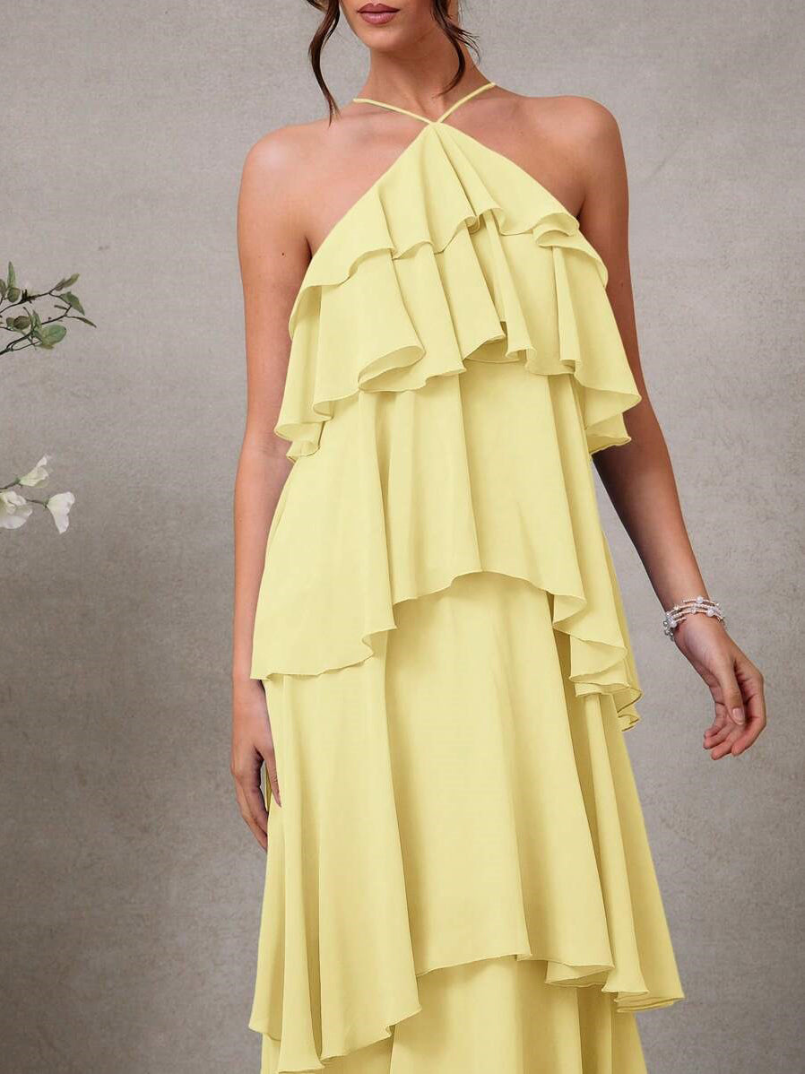 Womens Halter Backless Maxi Dress, Ruffle Layered Wedding Guest and Formal Dress
