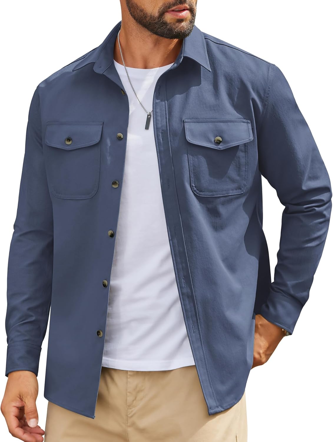 Mens Long Sleeve Button Down Work Shirt, Casual Workwear Shirt with Flap Pockets