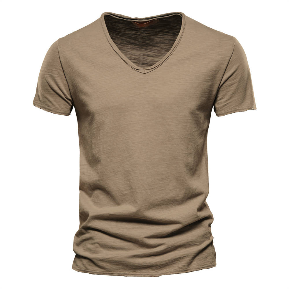 Men's Casual V Neck T Shirt, Breathable Slim Fit Short Sleeve Tee, Lightweight Cotton Slub Basic Top