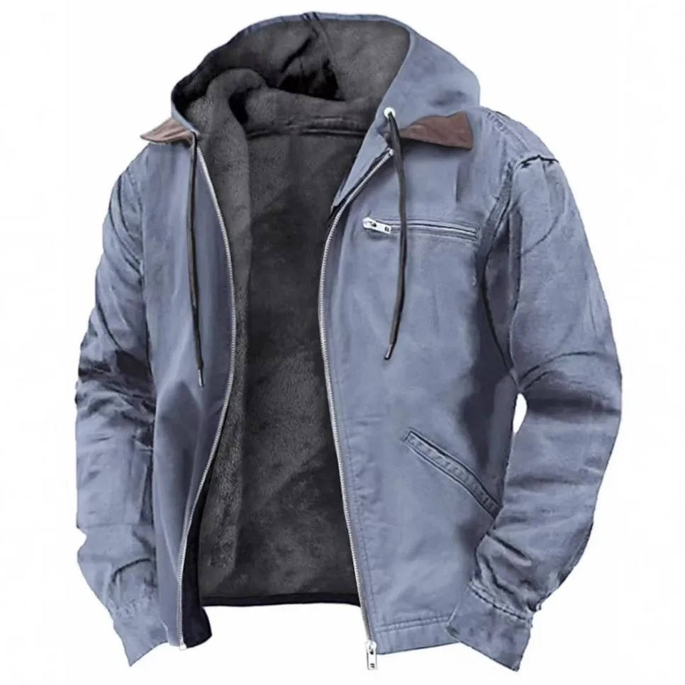 Mens Fleece Jacket with Drawstring Hood and Front Zipper, Two Side Pockets