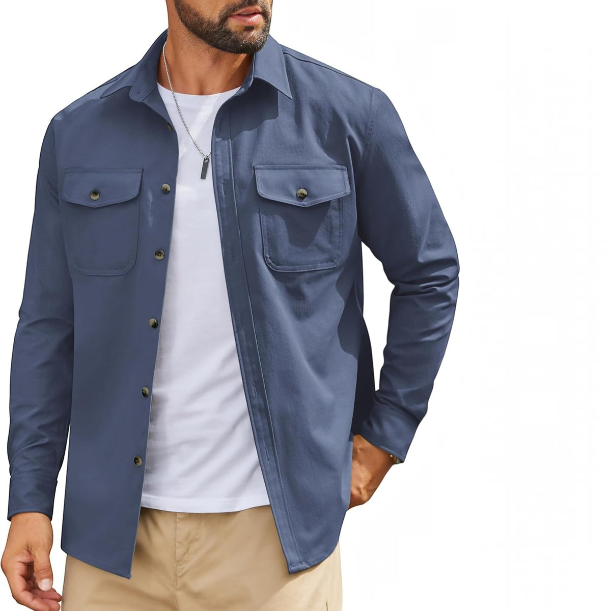 Mens Long Sleeve Button Down Work Shirt, Casual Workwear Shirt with Flap Pockets