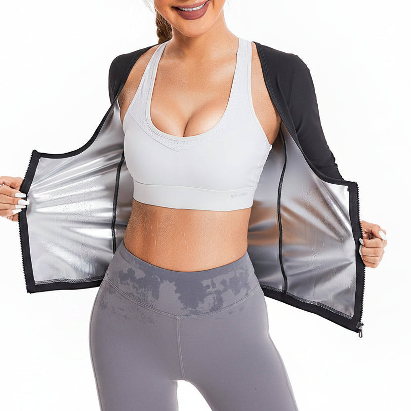 Womens Long Sleeve Sauna Compression Top, Zip Up Open Bust Workout Gym Shirt