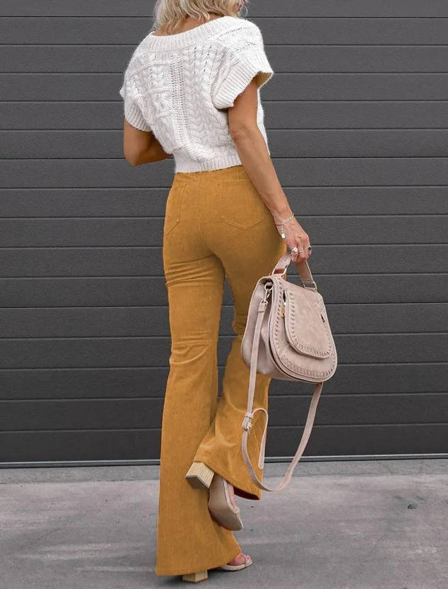Stretchy High-Rise Corduroy Flare Pants with Four Functional Pockets