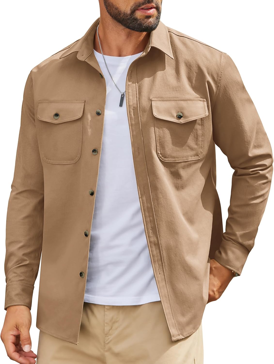 Mens Long Sleeve Button Down Work Shirt, Casual Workwear Shirt with Flap Pockets