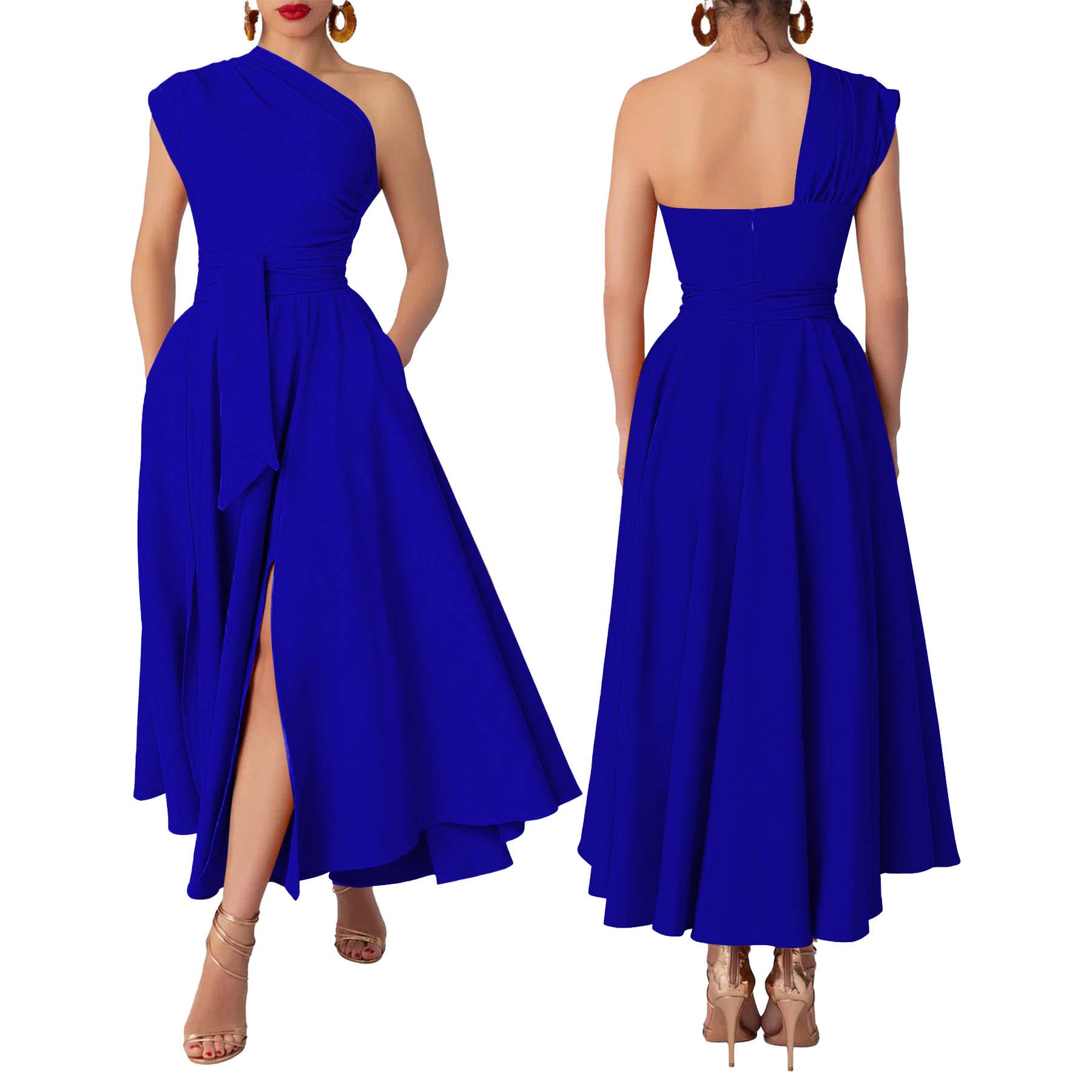 Womens One Shoulder Belted Maxi Dress, Elegant Formal Wedding Guest Dress with Pockets