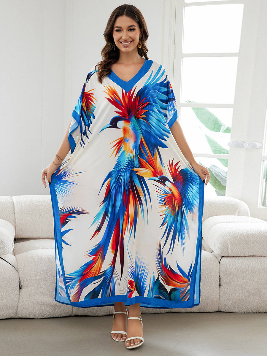 Moomoo Dresses for Women, Plus Size Loose Fit Moroccan Print V Neck Batwing Kaftan Beach Dress