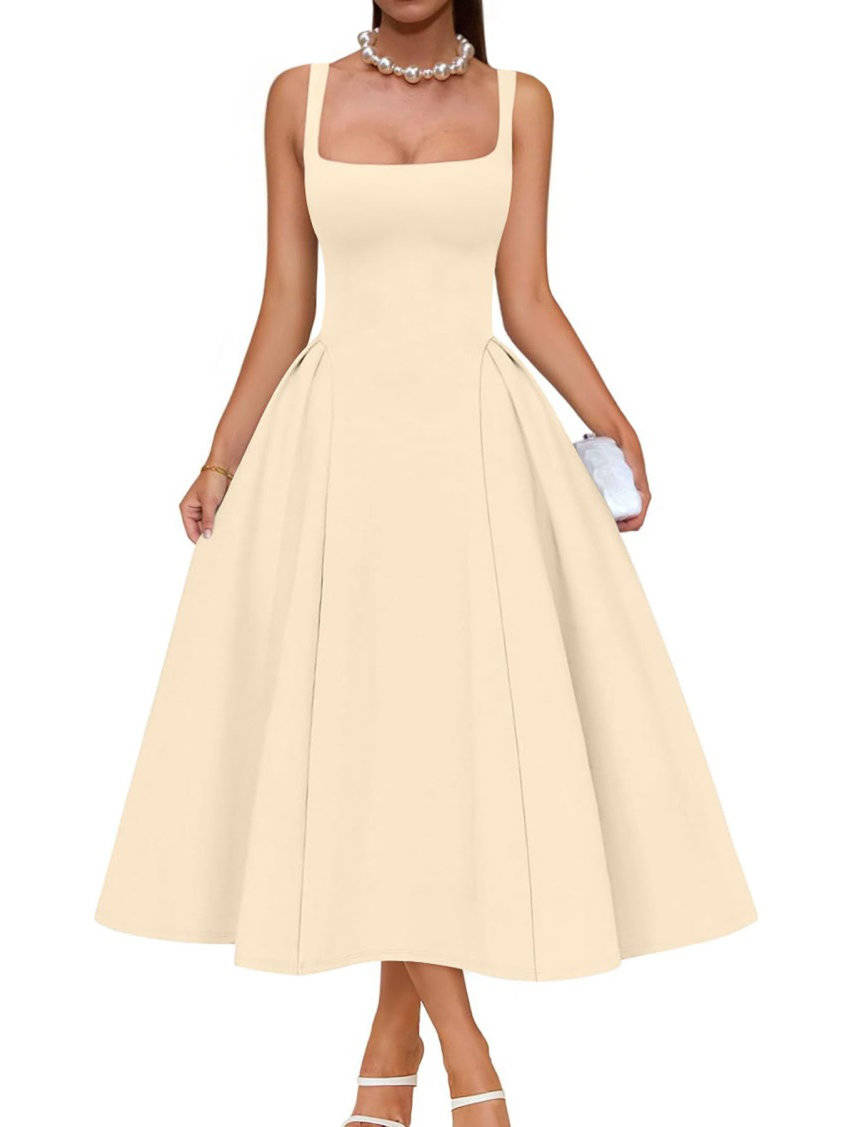 Womens Square Neck A Line Midi Dress, Elegant Wedding Guest and Evening Party Dress