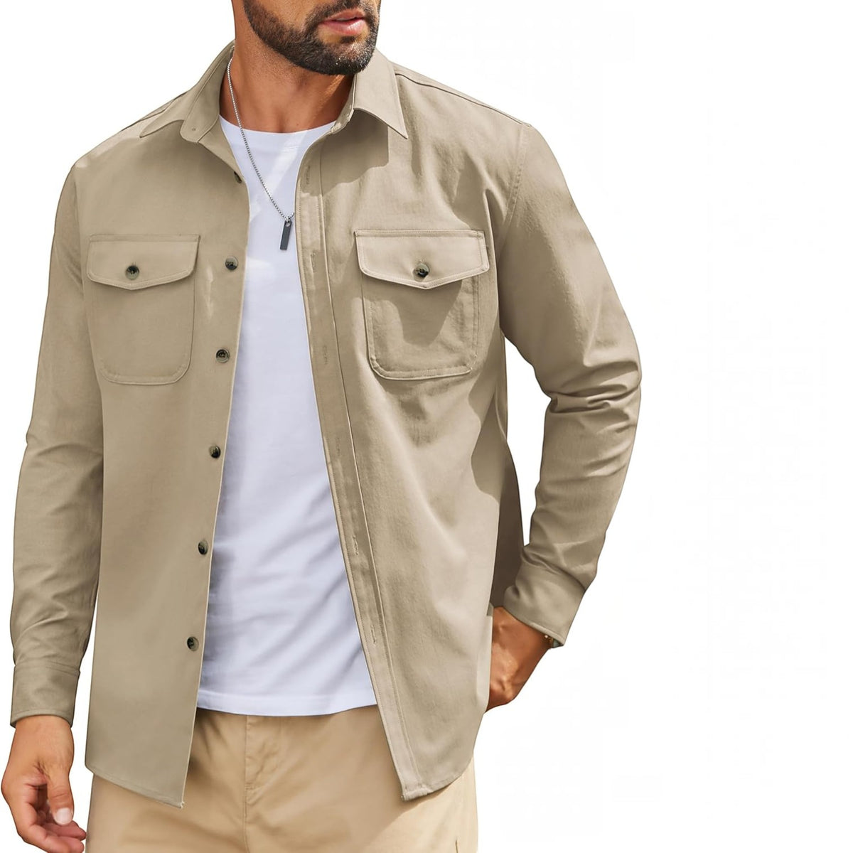 Mens Long Sleeve Button Down Work Shirt, Casual Workwear Shirt with Flap Pockets