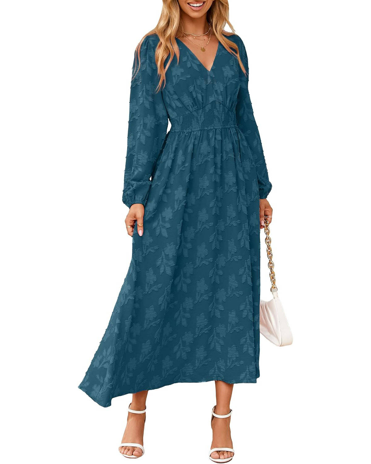 Womens Floral Maxi Dress, Long Sleeve V Neck Empire Waist Boho Fall Wedding Guest Dress with Pockets