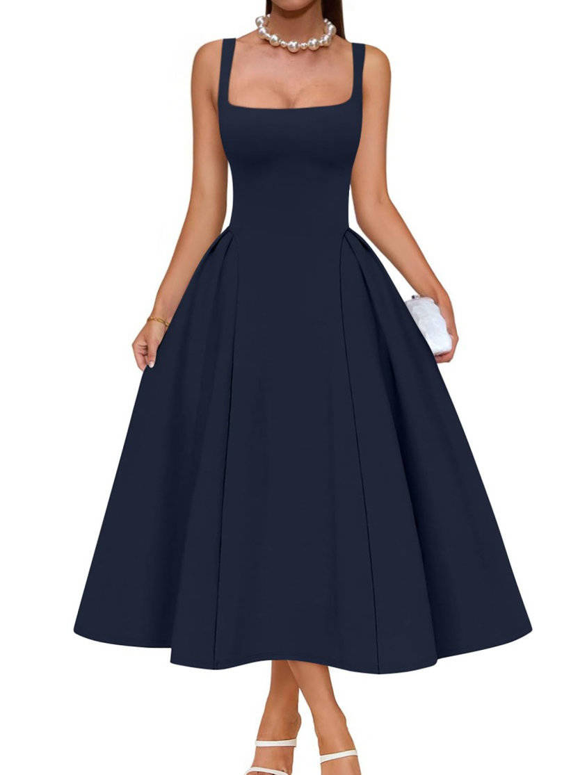 Womens Square Neck A Line Midi Dress, Elegant Wedding Guest and Evening Party Dress