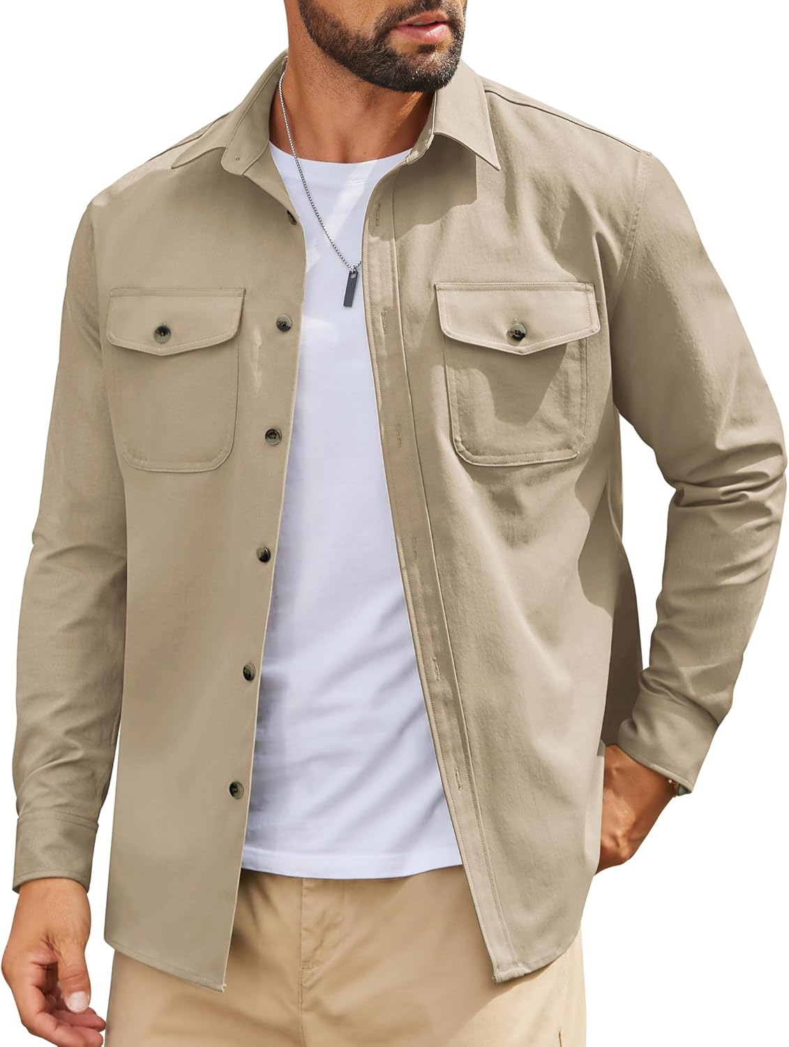 Mens Long Sleeve Button Down Work Shirt, Casual Workwear Shirt with Flap Pockets