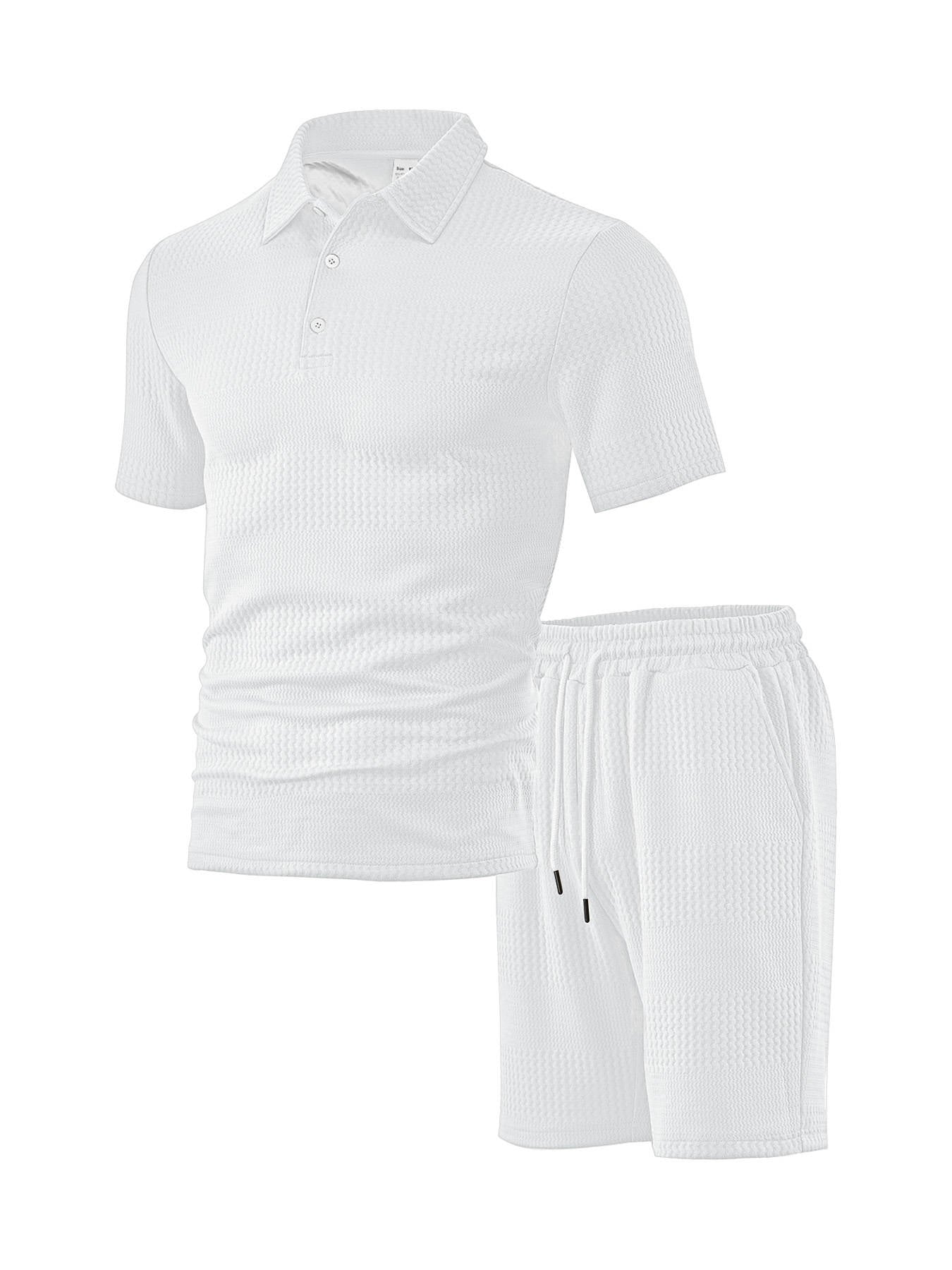 Men's Knitted Polo and Shorts Set, Vintage Casual Two Piece Outfits, Short Sleeve Textured Tracksuit