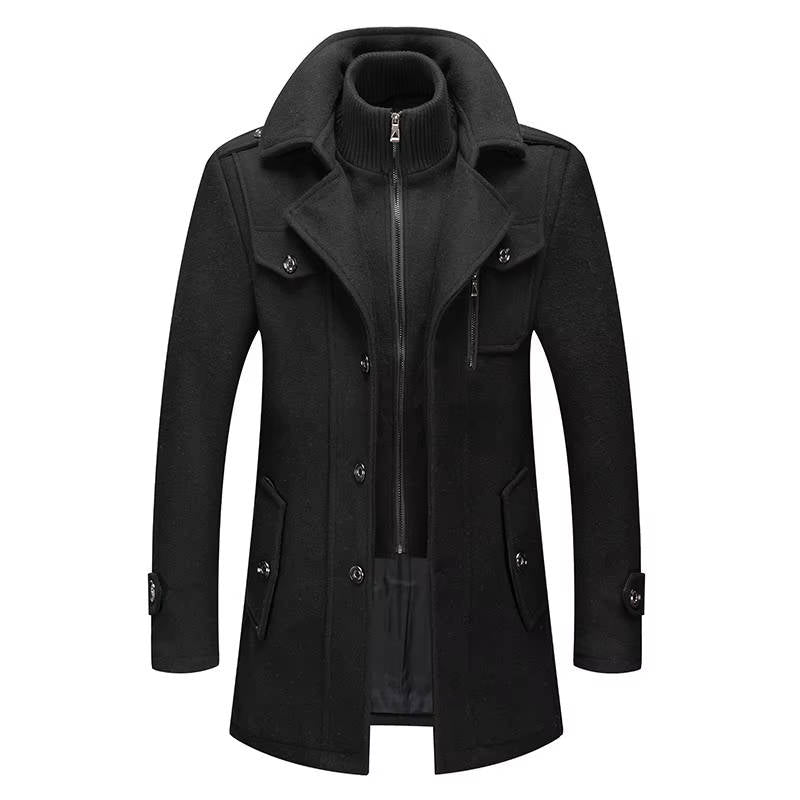 Men's Tweed Wool Coat, Korean Style Business Jacket, Double Neck, Front Zipper & Button Detail