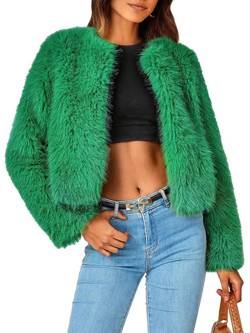 Womens Cropped Faux Fur Jacket, Fluffy Shaggy Long Sleeve Short Coat