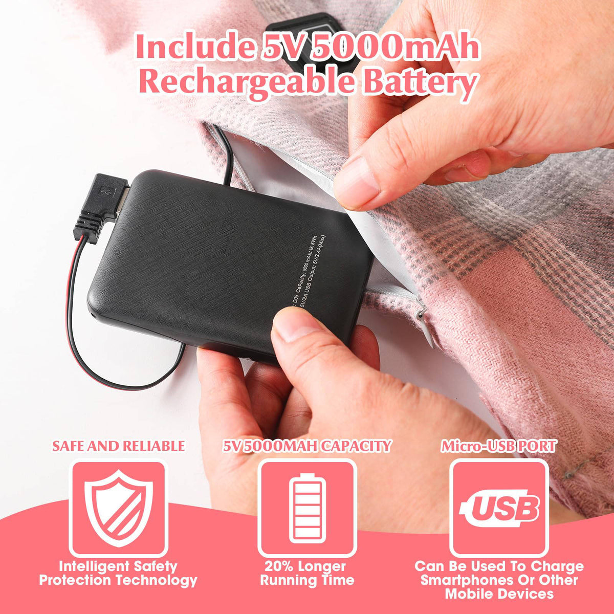 Womens Heated Scarf, Rechargeable Electric Neck Warmer with 5000mAh Battery and 3 Temperature Levels for Winter