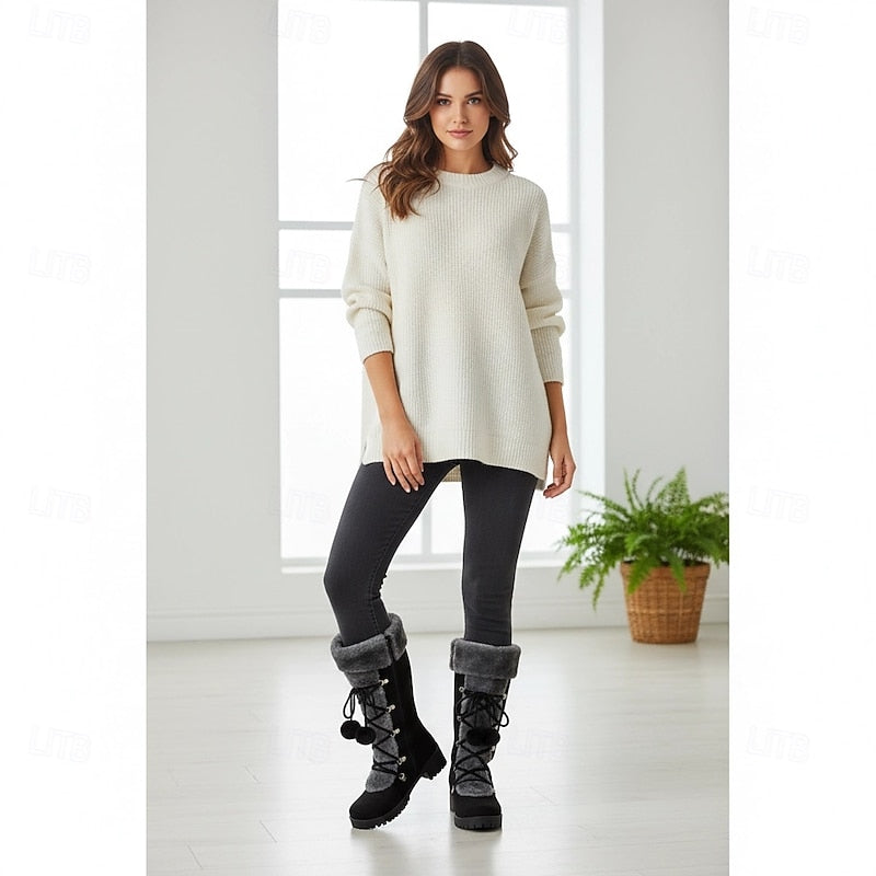 Mid Calf Winter Boots with Lace Up Design and Fur Trim Block Heel