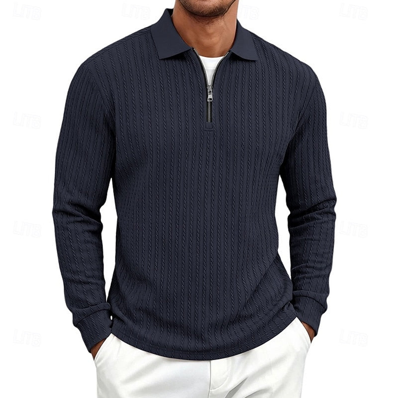 Mens Textured Quarter-Zip Polo Shirt with Long Sleeves and Regular Fit