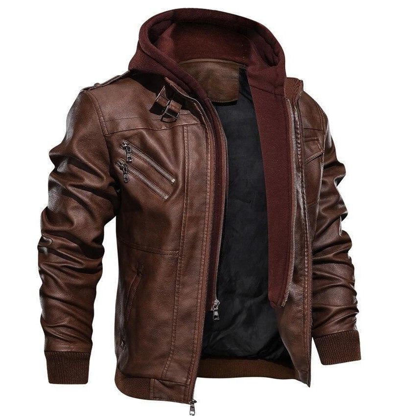 Hooded Jacket with Removable Hood and Stand-Up Collar, Wind-Resistant Coated Fabric