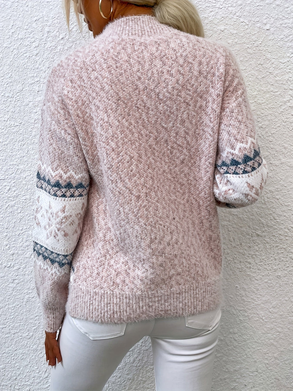Mock Neck Sweater with Snowflake Knit Pattern and Relaxed Fit