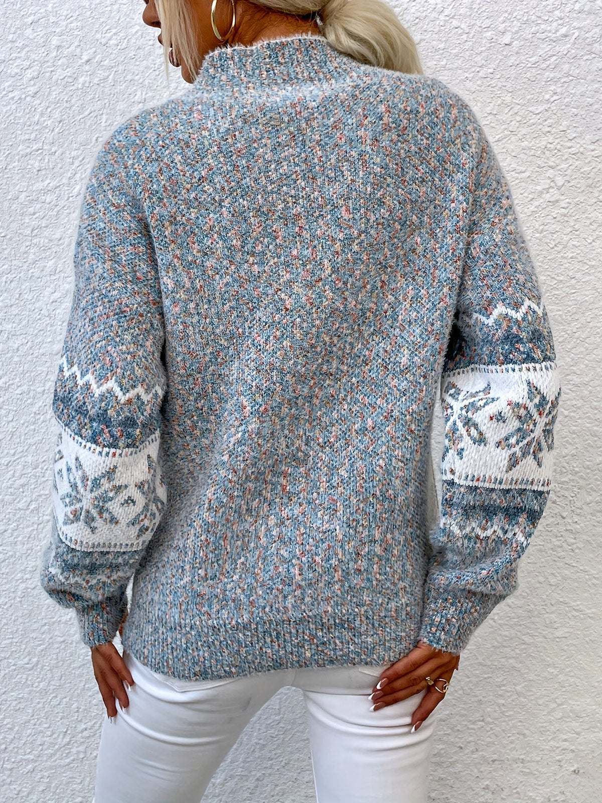 Mock Neck Sweater with Snowflake Knit Pattern and Relaxed Fit