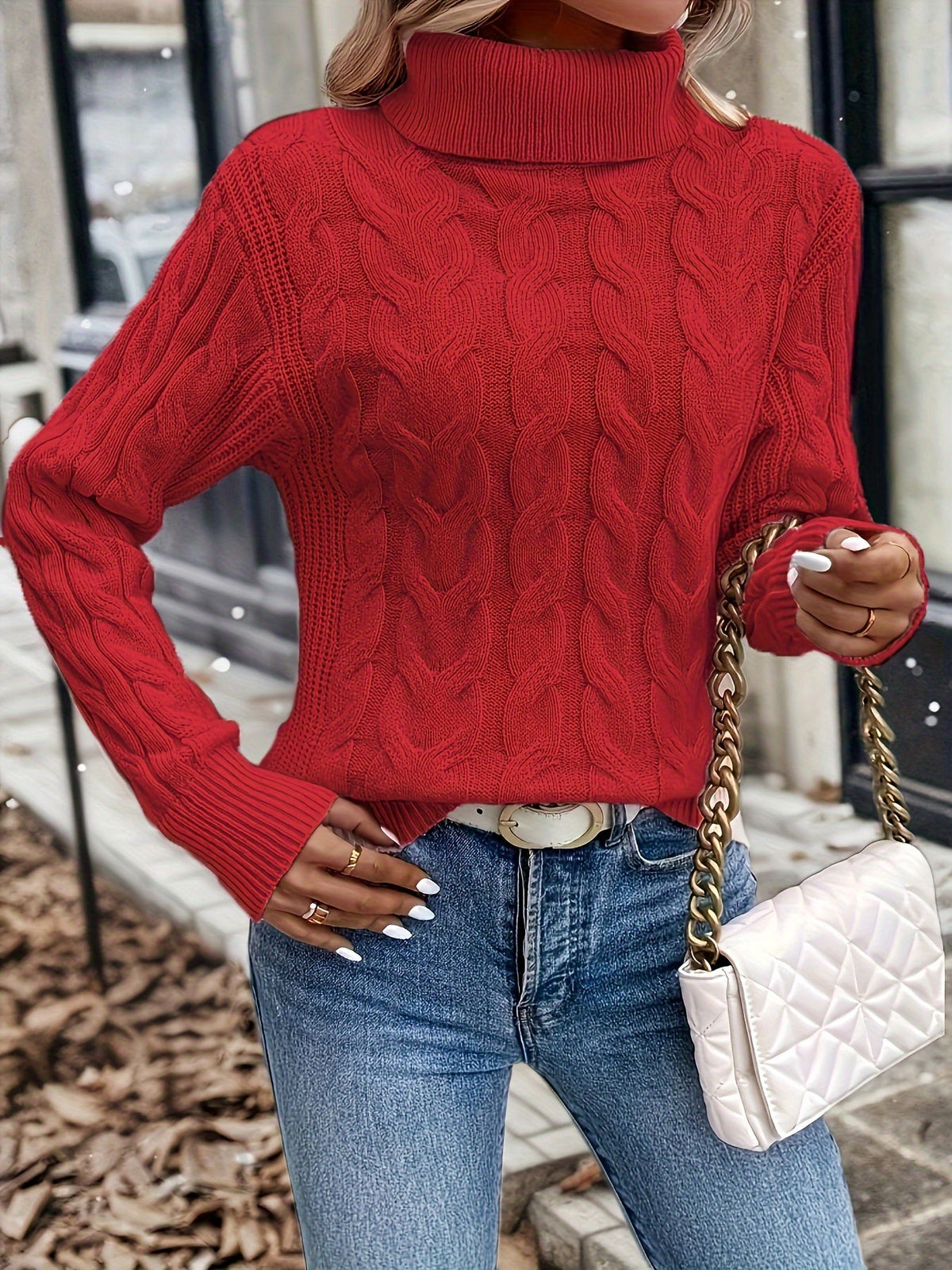 Cable Knit Turtleneck Sweater with Relaxed Fit and High Roll Neck