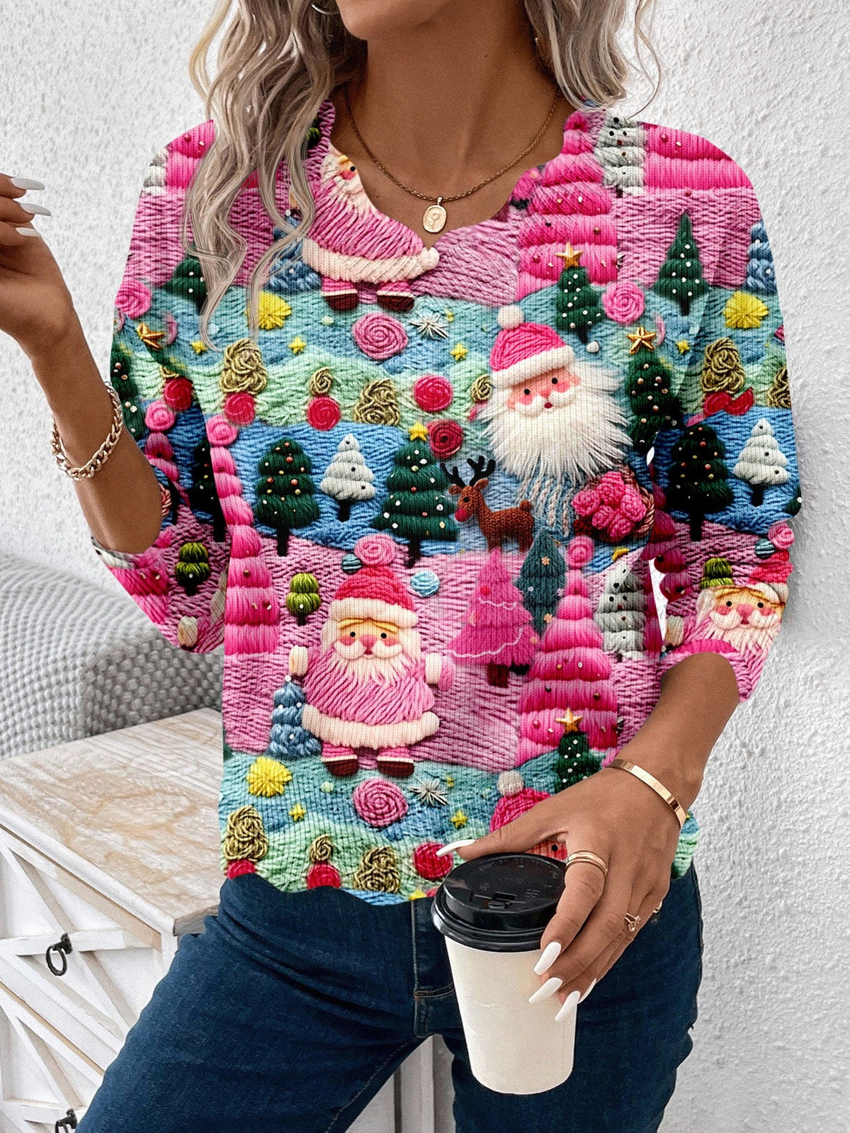 Womens Holiday Pullover Sweater with Scalloped Hem and Multicolor Pattern