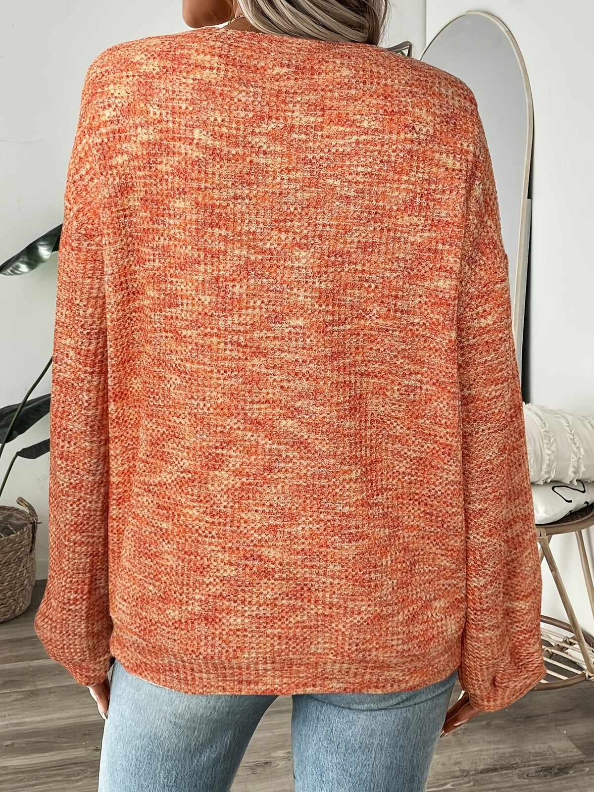 Relaxed Waffle Knit Pullover with Long Sleeves and Extended Hem