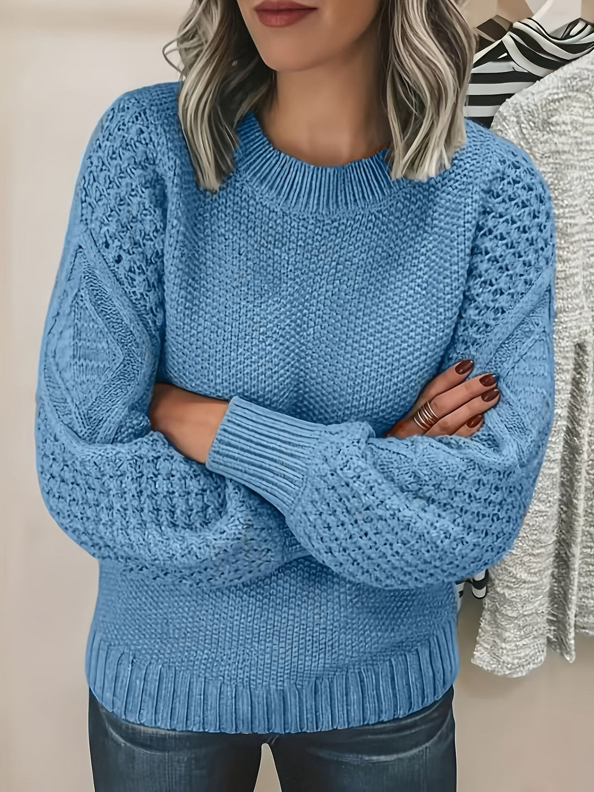 Textured Knit Pullover with Lantern Sleeves and Ribbed Neckline