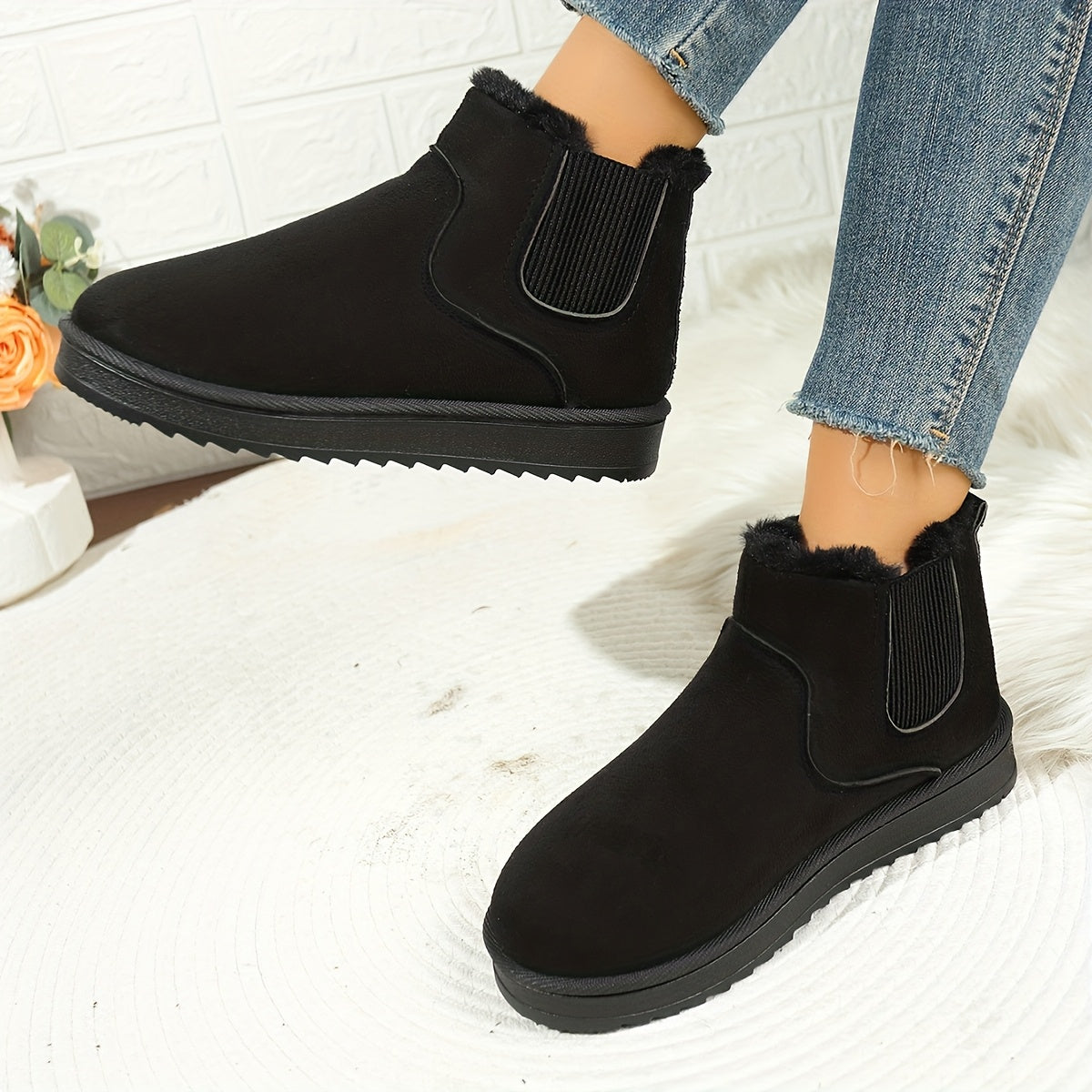 Platform Ankle Boots with Elastic Side Panels and Plush Lining, Textured Grip Sole