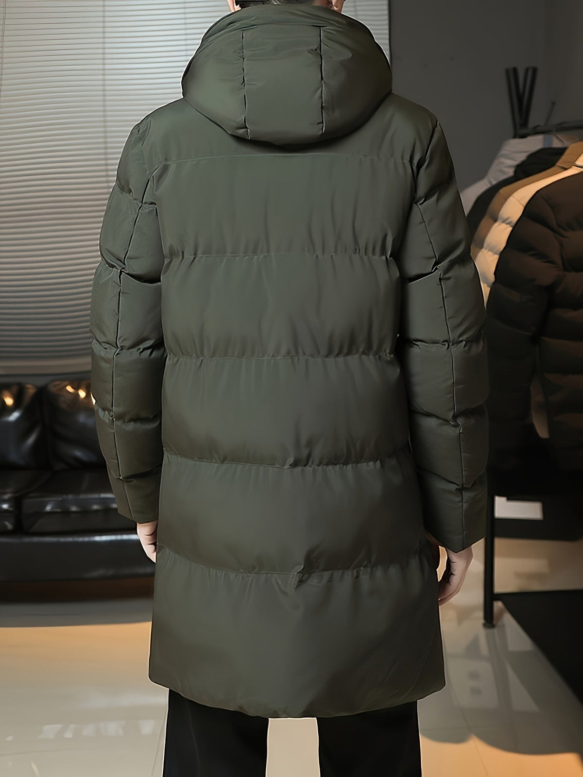 Insulated Longline Hooded Coat with Full-Length Zipper and Adjustable Hood