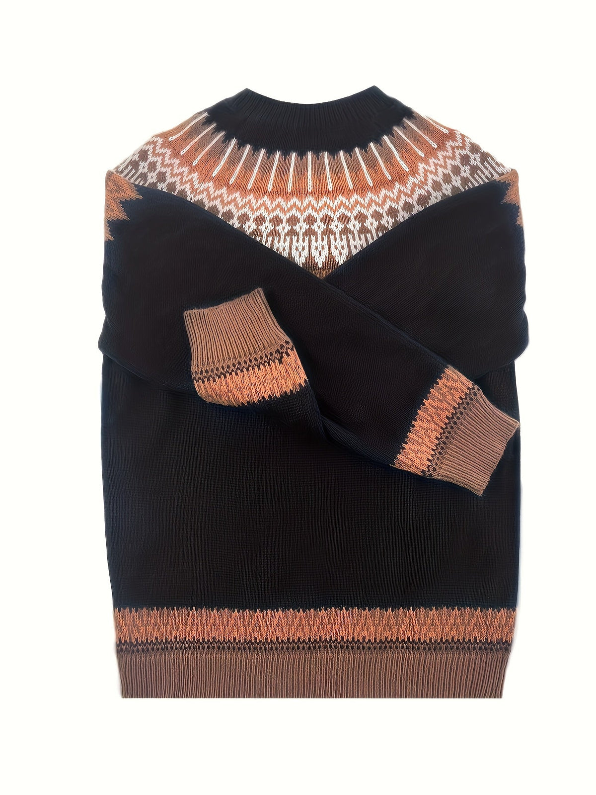 Chunky Jacquard Knit Sweater with Round Neck and Ribbed Cuffs, Hip Length