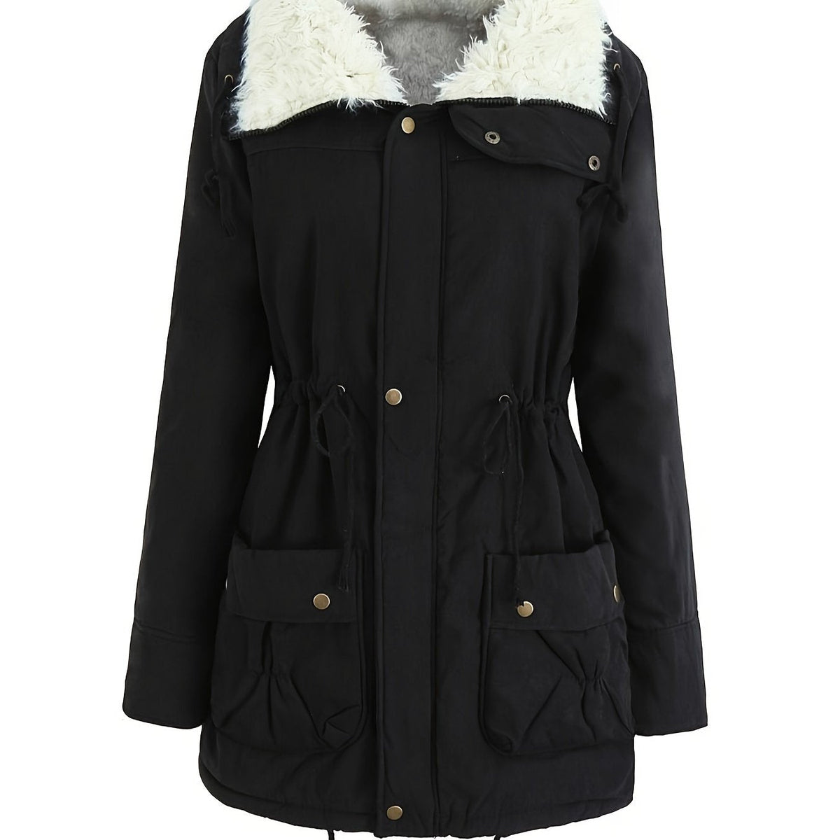 Mid Length Parka with Plush Lining and Adjustable Drawstring, Snap Button Closure
